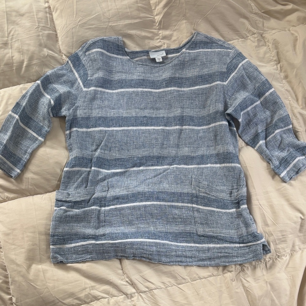 Pure Jill Blue & White Striped Knit Top Beach Vibes Pockets 3/4 length sleeve XS